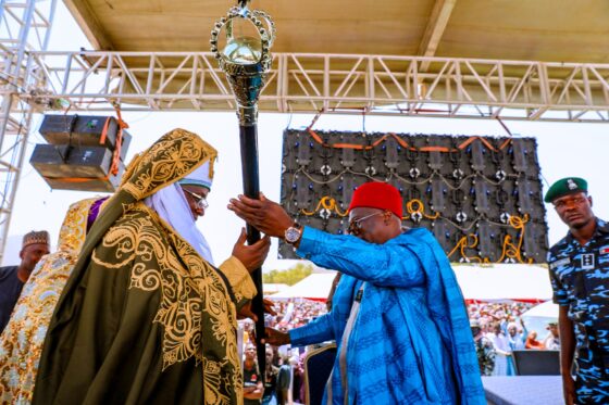 Governor Fintiri Receives Title of MIDALA as He Presents Staff of Office to HRM Barr. Alheri Bulus Nyako, First Tol Hoba